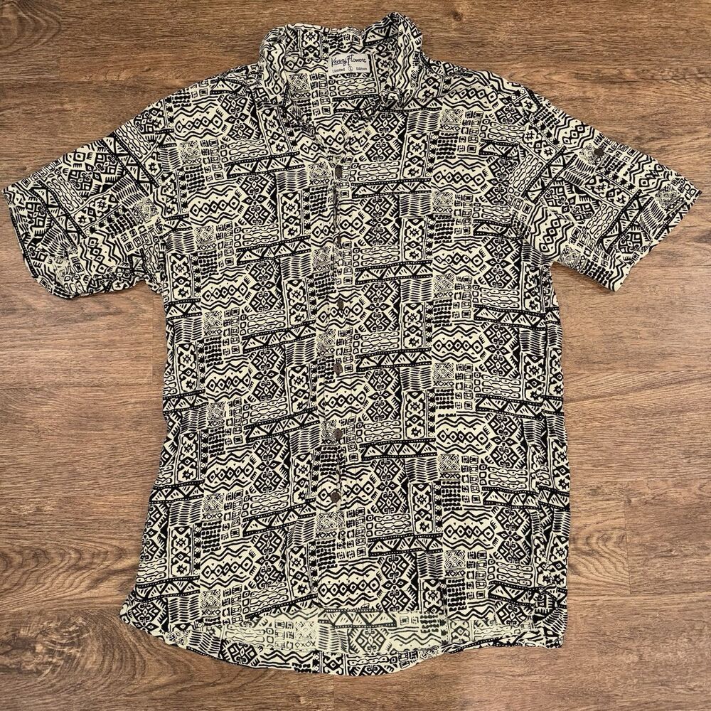 Kenny Flowers Men's Large Aztec Tribal Geometric Button-Up Shirt – Beach Tan